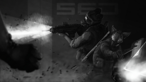 16:9 2020 anthro armor body_armor bullet_casing clothed clothing duo_focus flashlight fully_clothed fur greyscale group gun hi_res holding_gun holding_object holding_weapon ipoke light lighting mammal mask monochrome ranged_weapon standing weapon widescreen // 1600x900 // 939.9KB