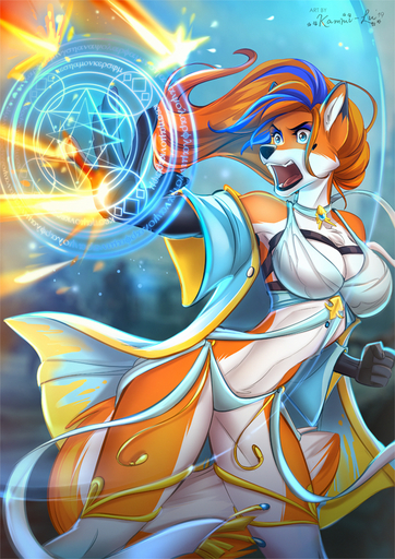 2019 5_fingers anthro blue_eyes breasts canid canine clothed clothing digital_media_(artwork) eyebrows eyelashes female fingers fox fully_clothed fur hair kammi-lu mammal open_mouth orange_body orange_fur orange_hair solo teeth tongue // 707x1000 // 679KB