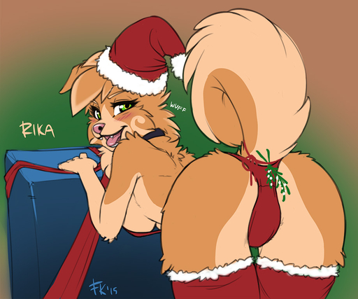 2015 anthro blush butt canid canine canis christmas clothed clothing domestic_dog female fluff-kevlar fluffy fluffy_tail green_eyes hat headgear headwear holidays kissing_bough looking_at_viewer mammal mistletoe panties plant pomeranian rika_(character) simple_background solo spitz underwear // 918x766 // 182.0KB