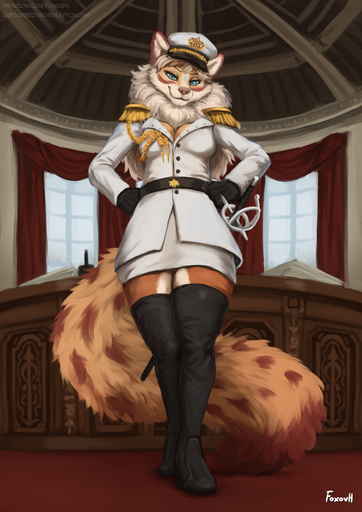 2021 absolute_territory ailurid anthro blue_eyes breasts brown_body brown_fur cleavage clothed clothing desk digital_media_(artwork) female foxovh fur furniture hat headgear headwear hi_res inside leggings legwear looking_down_at_viewer low-angle_view mammal melee_weapon military_cap military_uniform multicolored_body multicolored_fur neck_tuft rapier red_body red_fur red_panda solo sword table tan_body tan_fur tuft uniform weapon // 905x1280 // 856.2KB