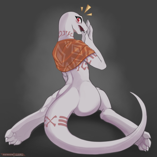 1:1 2018 4_toes anthro bald barefoot big_butt biped blush bottomless butt butt_pose casual_exposure claws clothed clothing conditional_dnp crusch_lulu digital_media_(artwork) embarrassed eyelashes feet female full-length_portrait gradient_background grey_background grey_body grey_claws grey_scales hi_res ineffective_clothing kneeling lizard long_tail looking_at_viewer makeup mascara mostly_nude open_mouth overlord_(series) pink_tongue portrait pose rear_view red_eyes reptile scales scalie scappo simple_background slim snout solo surprise tattoo teeth thick_tail toes tongue tribal tribal_tattoo white_body white_skin wide_hips // 1600x1600 // 1.2MB