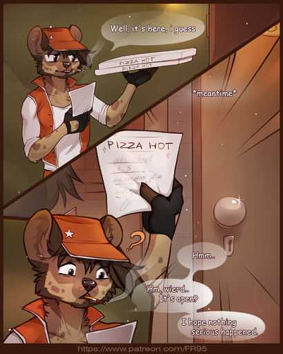 2017 4:5 ? anthro beard cigarette clothed clothing comic delivery_(commerce) dialogue digital_media_(artwork) door english_text f-r95 facial_hair food food_delivery fur gloves hair handwear hat headgear headwear hi_res hyaenid male mammal open_mouth outside paper pizza pizza_delivery smoking solo spots spotted_hyena text // 1600x2000 // 3.0MB