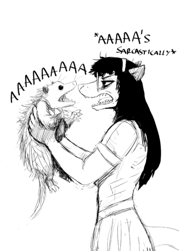 aaaaaaaaaaa anthro black_and_white claws clothed clothing didelphid eyewear female feral fur glasses hair hi_res hladilnik holding_character mammal marsupial marylin_(hladilnik) monochrome open_mouth screaming sharp_teeth sketch teeth text tongue // 1280x1792 // 293.7KB