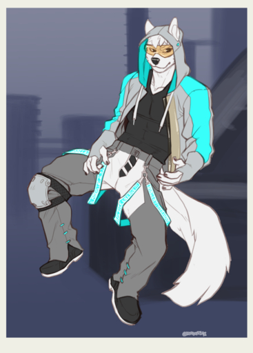 2022 5_fingers anthro black_nose canid canine clothed clothing digital_media_(artwork) eyewear faint fingers footwear fur glasses hair male mammal shoes solo white_body white_fur white_hair // 775x1080 // 450.7KB