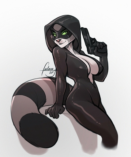 2019 anthro bodysuit breasts clothed clothing female furlana gun handgun hi_res looking_at_viewer mammal nipple_outline pistol procyonid raccoon ranged_weapon skinsuit smile solo tight_clothing weapon wide_hips // 1080x1293 // 154.4KB