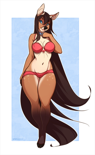 2017 anthro biped black_nose blue_eyes bra breasts brown_body brown_fur brown_hair cervid clothing collar female fur hair hooves jesse_hartstone mammal midriff navel panties simple_background solo spefides standing underwear wide_hips // 620x1000 // 448KB