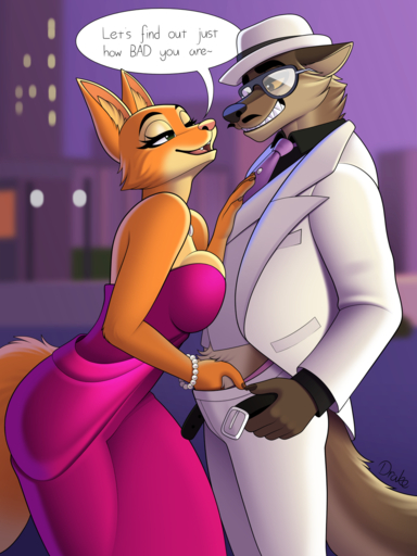 2022 3:4 anthro bedroom_eyes bottomwear canid canine canis clothing conditional_dnp dialogue diane_foxington digital_media_(artwork) drako1997 dress duo english_text eyewear facial_hair female fox fur glasses hat headgear headwear hi_res male malefemale mammal mr._wolf_(the_bad_guys) mustache narrowed_eyes necktie pants seductive sharp_teeth speech_bubble suit teeth text wolf // 1125x1500 // 1.3MB