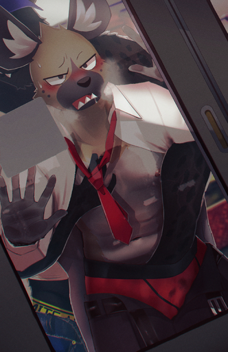 against_surface anthro belt black_body black_fur blush breath brown_body brown_fur clothed clothing crotch_grab duo faceless_character faceless_male fangs fondling fur grabbing_from_behind grope groping_from_behind haida hand_in_underwear hat headgear headwear hi_res hyaenid inside_train k0bit0wani male malemale mammal muscular necktie nipples on_glass open_clothing open_shirt open_topwear panting public_transportation shirt spots spotted_body spotted_fur spotted_hyena topwear train underwear undressing vehicle // 1491x2300 // 4.2MB