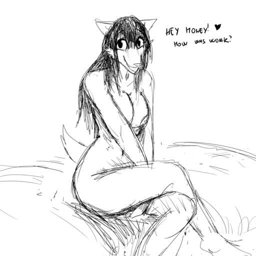 1:1 2019 <3 anthro biped black_and_white black_hair bottomless breasts canid canine carol_(hladilnik) clothed clothing crossed_legs dialogue english_text female fur furniture ghost hair hi_res hladilnik looking_at_viewer mammal monochrome nipples nude simple_background sitting sketch smile solo spirit text topless white_background // 1280x1280 // 390.5KB