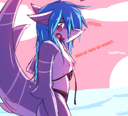 anthro blush breasts detailed_background embarrassed female fish hair hi_res marine non-mammal_breasts outside saintversa sea seascape seaside shark shy simple_background sky solo sunset water // 1935x1751 // 1.6MB