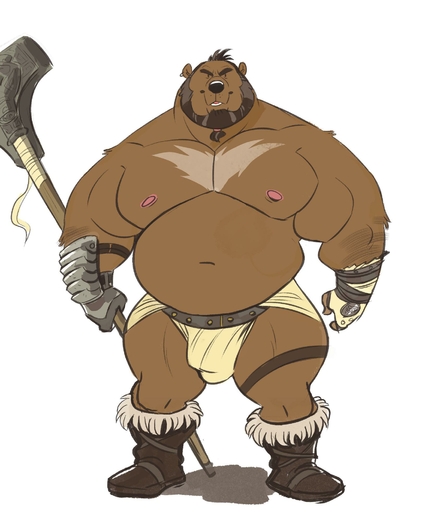 2019 anthro armor barazoku beard biceps boots bottomwear bulge clothed clothing dramamine ear_piercing facial_hair footwear hi_res loincloth looking_at_viewer male mammal melee_weapon muscular muscular_anthro muscular_male navel nipples pecs piercing simple_background solo standing topless ursid weapon white_background // 1698x1962 // 187.1KB