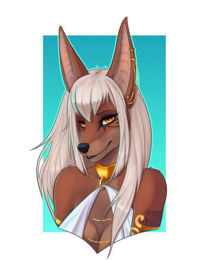 2016 4:5 anthro anubian_jackal aureus_(canisaureus) bare_shoulders black_lips black_nose breasts brown_body brown_fur bust_portrait canid canine canis cleavage clothed clothing collar detailed digital_media_(artwork) ear_piercing eyelashes female fur hair hi_res jackal jewelry lips long_ears long_hair looking_at_viewer mammal partially_clothed piercing portrait simple_background smile solo white_hair wyla yellow_eyes // 960x1200 // 668.6KB