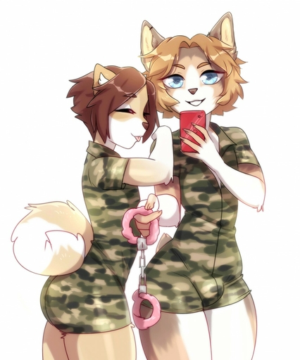 2018 anthro bdsm bdsm_gear big_butt biped blue_eyes bobtail_cat brown_hair bulge butt calico_cat camo camo_print canid canine canis cellphone clothed clothing crossdressing curled_tail digital_media_(artwork) domestic_cat domestic_dog dress duo eyes_closed felid feline felis flaffy_(viskasunya) fur girly hair handcuffs hi_res japanese_bobtail looking_at_viewer male malemale mammal mottled phone piebald selfie shackles shiba_inu simple_background smile spitz standing teeth tongue tongue_out viskasunya white_background wide_hips // 1064x1280 // 165.1KB