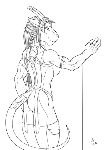 2014 4_fingers anthro aurancreations breasts clothed clothing dragon ear_piercing felid female fingers fur hair hi_res hybrid line_art mammal monochrome pantherine piercing safira solo standing wide_hips // 837x1200 // 255.9KB
