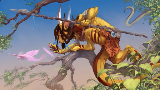 16:9 4_fingers brown_hair digital_media_(artwork) feathered_wings feathers fingers hair holding_object holding_spear holding_weapon hooves horn lizard melee_weapon pink_body pink_feathers polearm reptile scalie spear weapon widescreen wings zephra // 1280x720 // 1.2MB