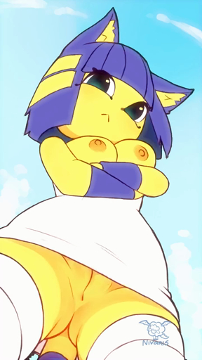 2021 9:16 animated ankha_(animal_crossing) anthro areola artist_name blue_body blue_eyes blue_fur blue_hair breasts butt clothed clothing cloud crossed_arms dialogue domestic_cat english_text eye_markings felid feline felis female frown fur hair hi_res inner_ear_fluff legwear looking_at_viewer looking_away looking_down_at_viewer low-angle_view mammal markings multicolored_body multicolored_fur narrowed_eyes nipples no_underwear portrait question short_hair short_playtime shoulderless_dress sky solo sound speech_bubble squint standing striped_markings striped_tail stripes sunset_nivaris tail_markings talking_to_viewer text thigh_highs tuft upskirt video_games webm white_clothing white_legwear white_thigh_highs widescreen yellow_body yellow_fur // 720x1280, 5.8s // 632.0KB
