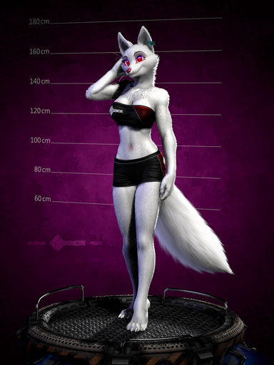 3:4 3d_(artwork) anthro arctic_fox arm_by_side bare_shoulders barefoot bent_arm big_breasts biped black_bottomwear black_clothing black_skirt bottomwear bra breasts canid canine chart claws cleavage clothed clothing digital_media_(artwork) ear_tag ears_up feet female fluffy fluffy_tail fox front_view full-length_portrait fur hand_on_face height_chart hi_res humanoid_pointy_ears logo mammal measurements metal metric_system midriff miniskirt model_sheet navel number pink_background pink_eyes pink_nose platform portrait pose qr_code raised_arm raised_hand simple_background skirt smile snout solo standing straight_arm straight_legs underwear unit vulpes whiskers white_body white_claws white_fur zorryn // 1200x1600 // 269.0KB