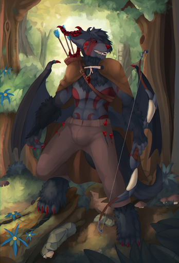 absurd_res anthro arrow black_body black_fur bottomwear bow_(weapon) canid canine cloak clothing detailed_background flower forest fur hi_res male mammal mariec membrane_(anatomy) membranous_wings merrunz nature outside pants plant quiver ranged_weapon smile solo tree weapon wings // 1700x2500 // 1.7MB