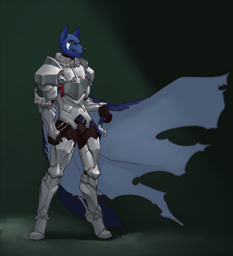 anthro armor belt biped blue_body blue_eyes blue_fur bracers breastplate canid canine cape chain cloak clothing digitigrade faint fur gabardine gesture greaves knight leather leather_armor male mammal melee_weapon plate_armor platemail scabbard simple_background smile solo standing sword teeth warrior waving weapon wind // 904x991 // 414.1KB