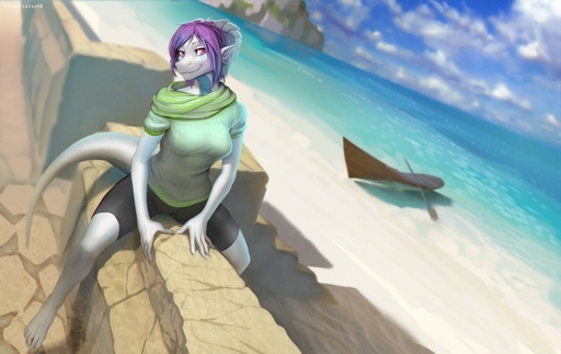 anthro beach biped bottomwear clothed clothing day detailed_background dragon female hair horn looking_at_viewer maya_(kukulkan) outside sand scalie seaside shorts sitting sky smile solo totesfleisch8 water // 1280x808 // 140.4KB