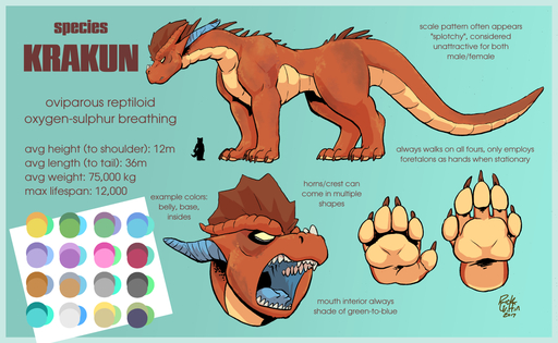 2017 5_toes anthro brown_body brown_scales carnivore color_swatch digital_media_(artwork) dragon english_text feet feral krakun male nude open_mouth paws quadruped rick_griffin scales scalie solo species_sheet text toes // 1150x708 // 625.3KB