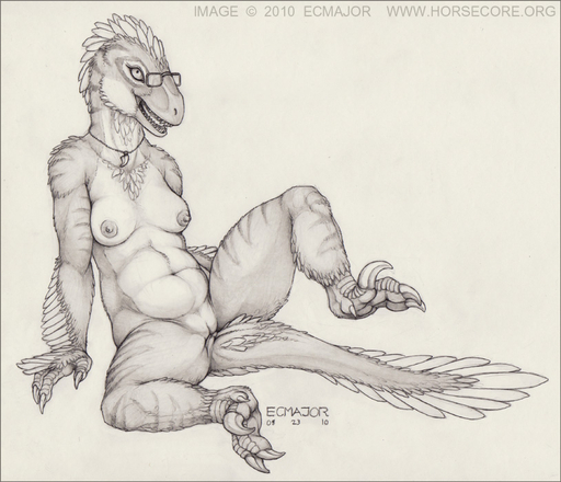 2010 anthro breasts deinonychus dinosaur dromaeosaurid ecmajor eyewear feathered_dinosaur feathers female genitals glasses greyscale happy ixerin_(character) jewelry monochrome necklace nipples non-mammal_breasts nude plump_labia pussy reptile scalie simple_background sketch smile solo talons theropod velociraptor white_background // 814x699 // 152.4KB
