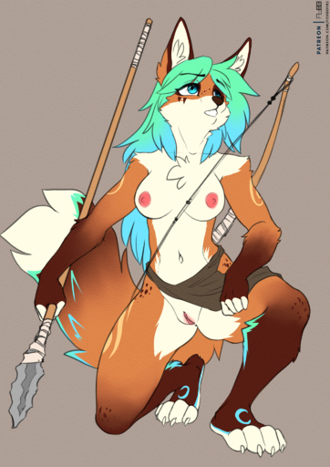4_toes anthro barefoot blue_eyes blue_hair blush body_blush bottomwear bottomwear_aside bow_(weapon) breasts canid canine chest_tuft claws clitoris clothed clothing clothing_aside countershade_face countershade_torso countershading digital_media_(artwork) feet female fox foxboy83 fur genitals gradient_hair green_hair hair hi_res hunter ineffective_clothing kir'hala kneeling kneeling_on_one_leg loincloth loincloth_aside looking_up mammal melee_weapon multicolored_hair nipples no_underwear open_mouth orange_body orange_fur pink_nipples pink_pussy plantigrade polearm pussy pussy_blush ranged_weapon skirt solo spear tan_body tan_countershading tan_fur toes topless tribal_clothing tuft two_tone_hair weapon // 1448x2048 // 4.3MB