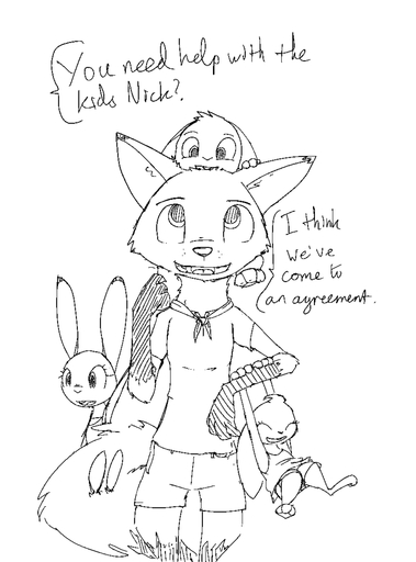 anthro canid canine clothed clothing cub dialogue english_text female fox group lagomorph leporid male mammal monochrome nick_wilde open_mouth rabbit sketch text young zhanbow // 828x1118 // 84.5KB