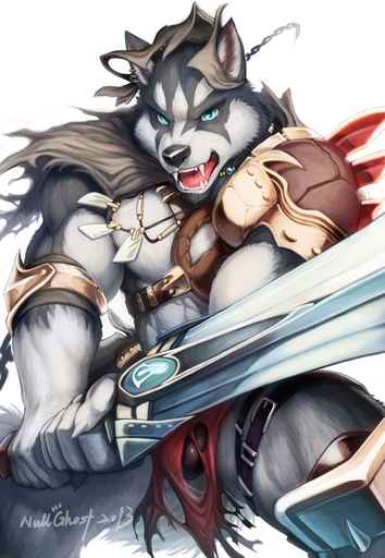 abs anthro armor barbarian belt biceps biped black_body black_fur blue_eyes bottomwear bulge canid canine canis clothed clothing domestic_dog fangs fighting_pose fur holding_object holding_sword holding_weapon husky jewelry loincloth looking_at_viewer male mammal melee_weapon muscular muscular_anthro muscular_male necklace nordic_sled_dog null-ghost open_mouth paws pecs pose simple_background solo spitz standing sword teeth thong tongue topless torn_clothing underwear volga warrior weapon white_body white_fur // 500x723 // 254.3KB