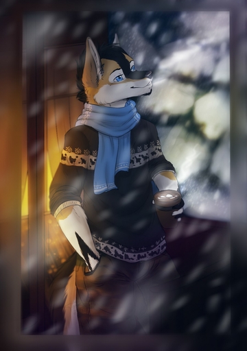 anthro beverage biped candy canid canine chocolate clothed clothing dafka dessert food hi_res hot_chocolate male mammal ozi-rz scarf smile snow solo standing // 899x1280 // 131.1KB