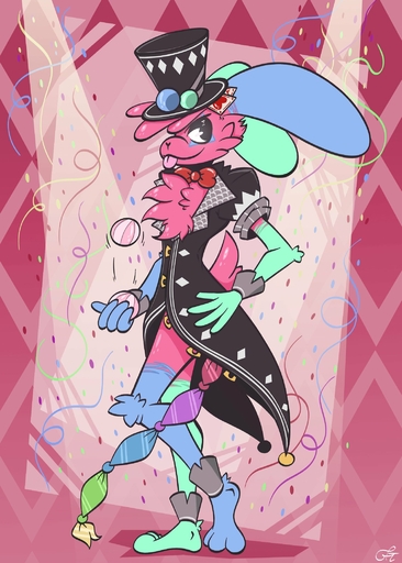 3_toes anthro barefoot bedroom_eyes blep blue_body blue_fur bow_tie card cheek_tuft chest_tuft confetti elbow_tuft facial_tuft feet fur green_body green_fur half-closed_eyes hi_res juggling knee_tuft lagomorph leg_tuft leporid magician magician_hat magician_robe male mammal narrowed_eyes pink_background pink_body pink_fur rabbit seductive simple_background solo the_xing1 toes tongue tongue_out tuft xing_(the_xing1) // 1500x2100 // 337.8KB