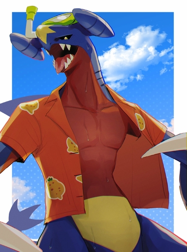 2021 absurd_res anthro arthropod_abdomen athletic athletic_anthro athletic_male beach_style_garchomp biped black_sclera blue_body blue_scales border bottomless claws clothed clothing cloud day digital_media_(artwork) dragon fangs garchomp hi_res k0bit0wani light lighting looking_at_viewer looking_down male mask multicolored_body multicolored_scales open_clothing open_mouth open_shirt open_topwear opening_shirt orange_clothing orange_shirt orange_topwear pecs pink_tongue pointy_tail pokemon_(species) presenting red_body red_scales reptile scales scalie shaded sharp_teeth shirt sky snorkel solo summer sunlight swimming_goggles teeth tongue tongue_out topwear video_games wet wet_body white_border yellow_abdomen yellow_body yellow_eyes yellow_scales // 2080x2800 // 562.8KB