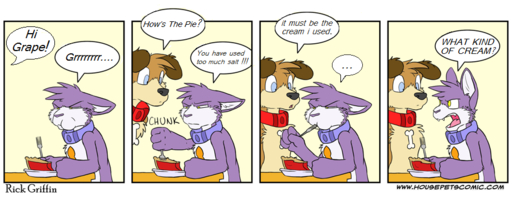 anthro canid canine canis collar comic dessert dialogue domestic_cat domestic_dog duo eating edit english_text felid feline felis female flat_chested food grape_jelly_(housepets!) humor male mammal peanut_butter_(housepets!) pie rick_griffin suggestive text webcomic webcomic_character // 913x358 // 215.1KB