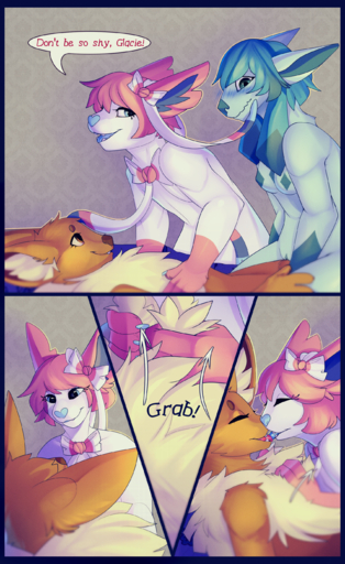 1boy 1futa 1girls 2019 abs absurd_res alternate_color anthro anthrofied breasts comic digital_media_(artwork) eevee eeveelution elvche female female_on_top french_kissing furry futanari glaceon hi_res intersex kissing larger_female nintendo on_top original_character pokemon pokemon_(species) pokemon_dppt pokemon_rgby pokemon_xy pussy size_difference smaller_male sylveon text video_games // 1703x2774 // 7.7MB