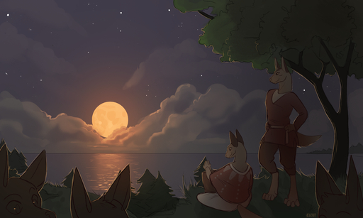 absurd_res anthro belt brown_body brown_ears brown_fur canid clothed clothing cloud ears_up edjit full_moon fur group hi_res lake light male mammal moon moonlight night plant rhyn_(species) scenery shawl silhouette sky star starry_sky tall tan_body tan_fur tree tribal water // 4168x2500 // 9.1MB