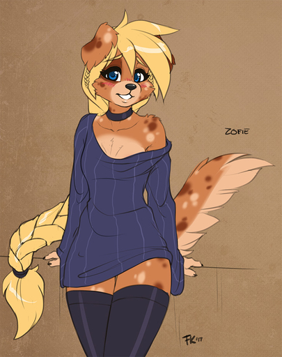 anthro blonde_hair blue_eyes braided_hair breasts canid canine choker clothed clothing collar female fluff-kevlar hair jewelry legwear mammal necklace off_shoulder small_breasts smile solo spots stockings thigh_highs zofie // 728x921 // 224.2KB