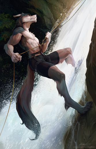2019 4_toes 5_fingers anthro barefoot biped black_nose blue_eyes bonifasko canid canine canis canyoning clothed clothing digital_media_(artwork) digitigrade feet fingers male mammal muscular muscular_anthro muscular_male rakan scar solo toes topless wolf // 651x1000 // 444.3KB