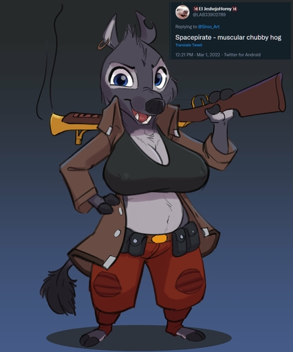 absurd_res anthro big_breasts blue_eyes bottomwear breasts clothing ear_piercing ear_ring female gun hi_res jacket looking_at_viewer mammal midriff navel open_mouth pants piercing ranged_weapon rifle siroc smoke solo suina teeth topwear weapon // 3288x3948 // 523.0KB