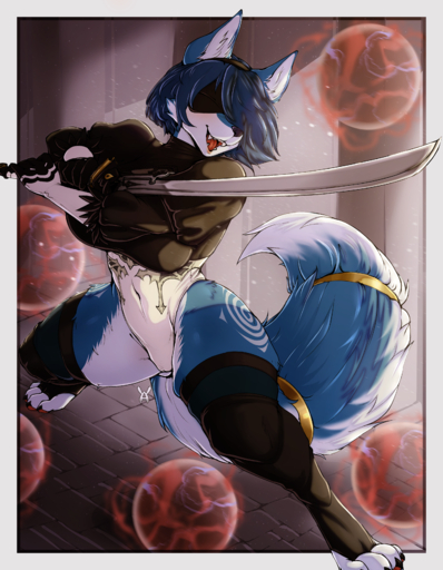 2019 absurd_res accessory anthro avante92 blindfold blue_body blue_fur blue_hair breasts canid canine clothed clothing cosplay digital_media_(artwork) female fox fur furgonomics hair headband hi_res holding_object holding_sword holding_weapon krystal mammal markings melee_weapon open_mouth signature solo sword tail_accessory tailband tongue tribal tribal_markings video_games weapon white_body white_fur yorha_2b // 2625x3375 // 7.4MB