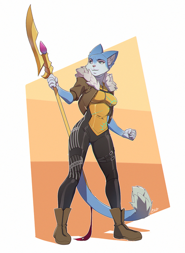 5_fingers anthro blue_body blue_eyes blue_fur breasts clothed clothing domestic_cat felid feline felis female fingers fur hi_res holding_object holding_weapon mammal patto simple_background solo standing syria_(tid) weapon white_background wide_hips // 938x1280 // 1.5MB