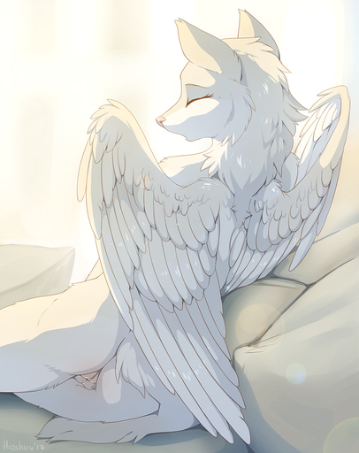 2017 angel anthro butt canid canine eyes_closed feathered_wings feathers female fur genitals hi_res hioshiru mammal nude pillow pink_nose pussy solo white_body white_fur wings // 1015x1280 // 845.2KB