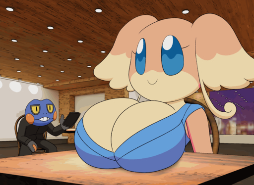 4_fingers animated anthro audino between_breasts big_breasts blinking breast_rest breasts cellphone chair cleavage clothed clothing croagunk desk duo female fingers furniture hi_res holding_cellphone holding_object holding_phone huge_breasts inside male phone pokemon_(species) short_playtime sitting smile table tansau video_games // 1779x1300 // 3.7MB