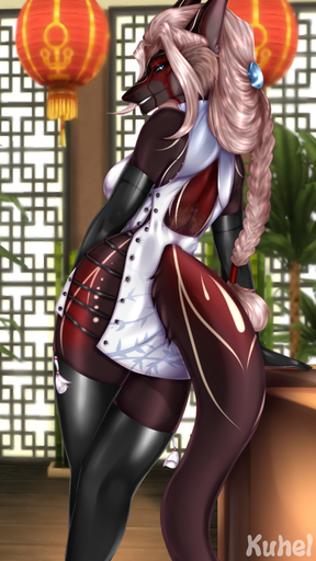 9:16 absurd_res anthro armwear blue_eyes boots clothed clothing dress elbow_gloves female footwear gloves handwear hi_res kuhel legwear looking_back markings melisandre_(combatguardian) posed sergal solo thigh_boots thigh_highs traditional_media_(artwork) // 1800x3200 // 3.5MB