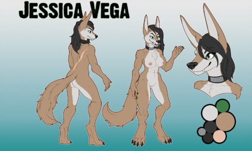 2017 5:3 abs anthro athletic blue_background breasts canid canine canis chest_tuft collar coyote digital_media_(artwork) english_text female fivel gradient_background green_eyes hair hi_res jessica_vega mammal model_sheet muscular muscular_anthro open_mouth simple_background solo text text_on_collar tuft // 3000x1800 // 3.5MB