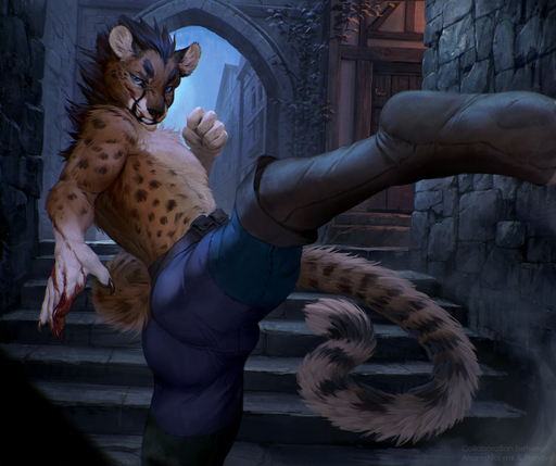 action_pose alley alsares anthro belt blood blue_eyes bodily_fluids boots bottomwear bulge butt cheetah claws clothing detailed_background felid feline fight fighting_pose fist footwear hair honovy kick male mammal mane mane_hair outside pants pose snarling solo spots // 1280x1072 // 310.4KB