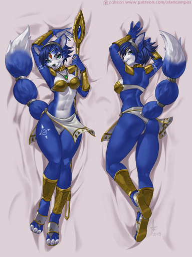 2018 3_toes accessory alanscampos anthro armor belly black_nose blue_body blue_fur blue_hair bottomwear bracers breasts butt canid canine choker claws cleavage clothed clothing dakimakura_design digital_media_(artwork) dipstick_tail emerald_(gem) eyebrows feet female fluffy fluffy_tail footwear forehead_gem fox fur furgonomics gem glistening glistening_armor glistening_eyes glistening_gem glistening_jewelry gold_(metal) gold_armor gold_choker gold_jewelry gold_necklace green_eyes hair hair_accessory hairband hi_res holding_object holding_weapon humanoid_hands jewelry krystal loincloth looking_at_viewer looking_back lying mammal markings multicolored_body multicolored_fur multicolored_tail navel necklace on_back on_front panties pauldron paws raised_tail ruby_(gem) sandals sapphire_(gem) short_hair signature silver_(metal) silver_jewelry skimpy smile solo staff tail_accessory tail_markings tailband teeth text thigh_gap toe_claws toes tribal tribal_markings underwear url video_games weapon white_belly white_body white_fur white_panties // 1497x2000 // 756.0KB