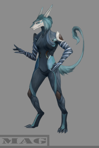 2015 anthro biped blue_eyes blue_hair breasts claws clothing cosplay digital_media_(artwork) digitigrade eye_markings female front_view fur geodis grey_background hair hand_on_hip hi_res looking_at_viewer mag_(warframe) mammal markings multicolored_body multicolored_fur sergal simple_background skinsuit solo standing tight_clothing toe_claws video_games warframe // 1024x1524 // 484.0KB
