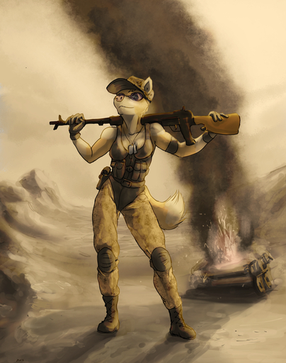 anthro armor belt body_armor bodysuit boots bottomwear breasts burning camo canid canine canis cleavage clothed clothing desert dog_tags eyewear female fire footwear gloves goggles gun handwear hat headgear headwear holster jayka knee_pads machine_gun mammal marsonaut pants pose ranged_weapon skinsuit sleeveless smile soldier solo tight_clothing vehicle war warrior weapon wolf // 800x1013 // 875.9KB