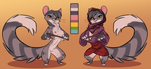 2019 anthro axe breasts clothed clothing featureless_crotch felling_axe female fluffy fluffy_tail front_view fully_clothed fur genet grey_body grey_fur holding_object hood looking_at_viewer mammal melee_weapon model_sheet nipples nude offon siroc solo standing viverrid weapon // 1280x587 // 119.6KB