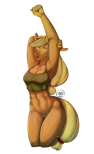 abs anthro anthrofied applejack_(mlp) avante92 blonde_hair bottomless breasts cleavage clothed clothing earth_pony equid equine female freckles fur genitals hair hi_res horse mammal orange_body orange_fur pony pussy simple_background solo stretching waking_up // 1024x1664 // 597.4KB